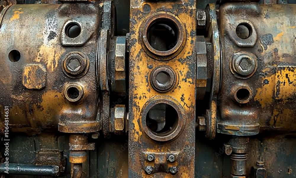 Close-up of rusty industrial machinery components with bolts and openings. Close-up of rusty industrial machinery components with bolts and openings.