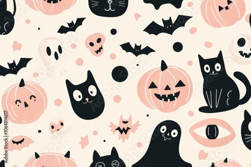 Halloween Pattern with Black Cats, Pumpkins, and Bats