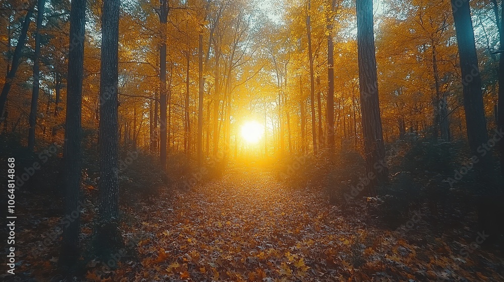 Fototapeta premium A thick forest in early autumn, with orange and yellow leaves covering the ground and sunlight shining through the trees.