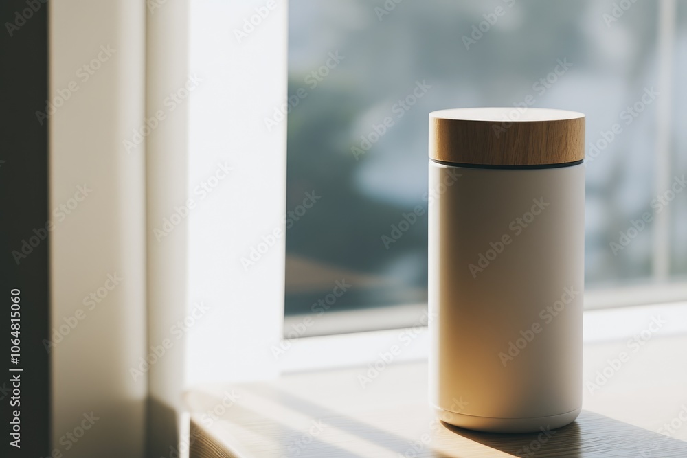 Minimalist Thermos Mug on Sunlit Window Sill - Perfect for Modern Design Concepts Minimalist Thermos Mug on Sunlit Window Sill - Perfect for Modern Design Concepts