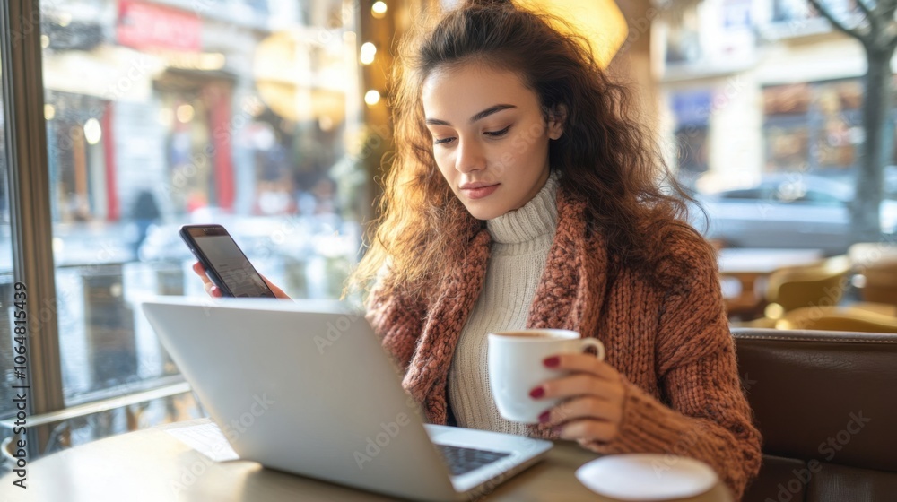 A focused woman sitting at a cafe, using a smartphone A focused woman sitting at a cafe, using a smartphone