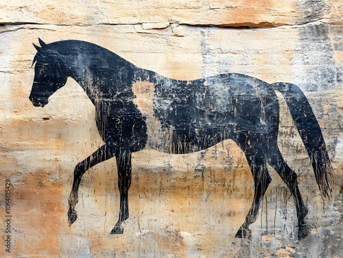 Black Horse Silhouette Against Natural Rock Wall – Timeless Art Representation for Nature Lovers photo