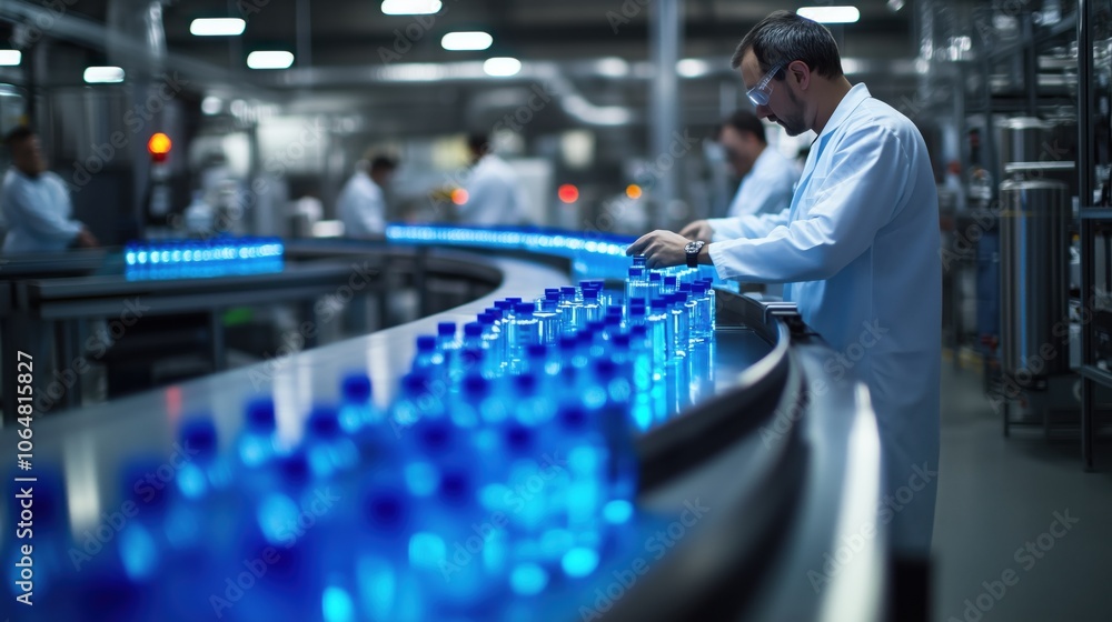 Pharmaceutical Bottling Line in Factory Setting. Production line in a factory where blue-capped bottles are arranged for pharmaceutical packaging, highlighting industrial automation. Pharmaceutical Bottling Line in Factory Setting. Production line in a factory where blue-capped bottles are arranged for pharmaceutical packaging, highlighting industrial automation.