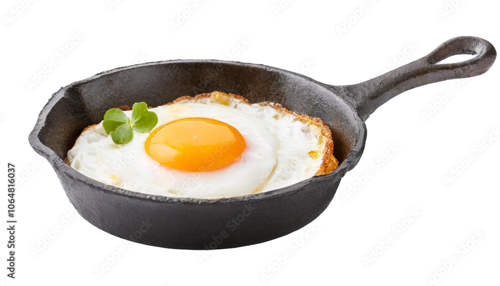 Cast iron pan with fried egg isolated on white background, cut out transparent Cast iron pan with fried egg isolated on white background, cut out transparent