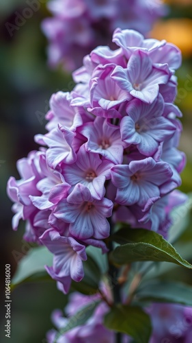 A close-up of delicate, light purple flowers blooming in a lush garden