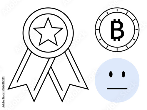 Award ribbon with star, Bitcoin symbol, and neutral face emotion. Ideal for achievement, cryptocurrency, emotions, recognition, digital currency, mood representation, educational content. Line