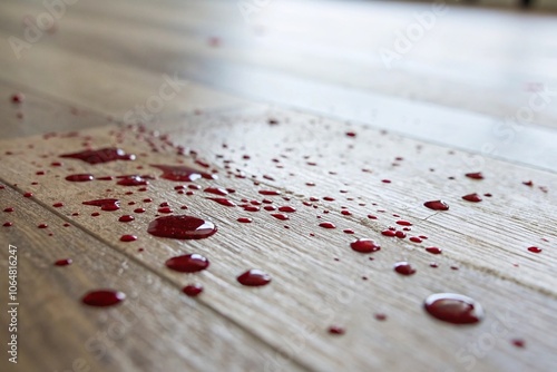 Small droplets of blood splatter on a wooden table surface, tiny drops, fluid residue, stains, messy room, wooden table