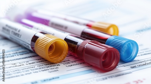 Color-Coded Blood Test Tubes on Medical Form. Close-up of color-coded blood test tubes placed on a laboratory form, representing healthcare diagnostics, blood analysis, and medical testing. photo