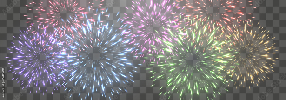 Vector festive fireworks isolated on png. New Year's Eve fireworks with brightly shining sparks. Realistic sparks and explosions. Colorful pyrotechnics show. Vector isolated on png background Vector festive fireworks isolated on png. New Year's Eve fireworks with brightly shining sparks. Realistic sparks and explosions. Colorful pyrotechnics show. Vector isolated on png background