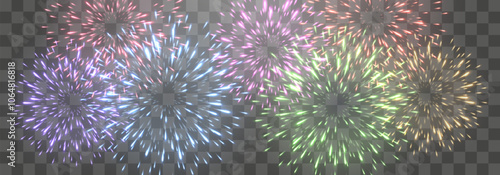 Vector festive fireworks isolated on png. New Year's Eve fireworks with brightly shining sparks. Realistic sparks and explosions. Colorful pyrotechnics show. Vector isolated on png background