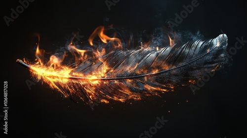 Burning feather isolated on black screen photo