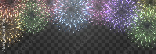 Vector festive fireworks isolated on png. New Year's Eve fireworks with brightly shining sparks. Realistic sparks and explosions. Colorful pyrotechnics show. Vector isolated on png background