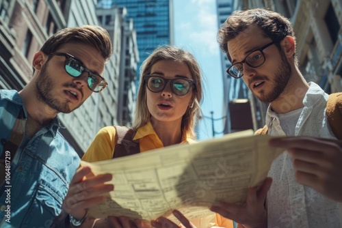 A group of coworkers participates in a scavenger hunt in an urban setting, filled with excitement and teamwork as they search for clues. photo