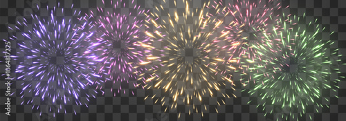 Vector festive fireworks isolated on png. New Year's Eve fireworks with brightly shining sparks. Realistic sparks and explosions. Colorful pyrotechnics show. Vector isolated on png background