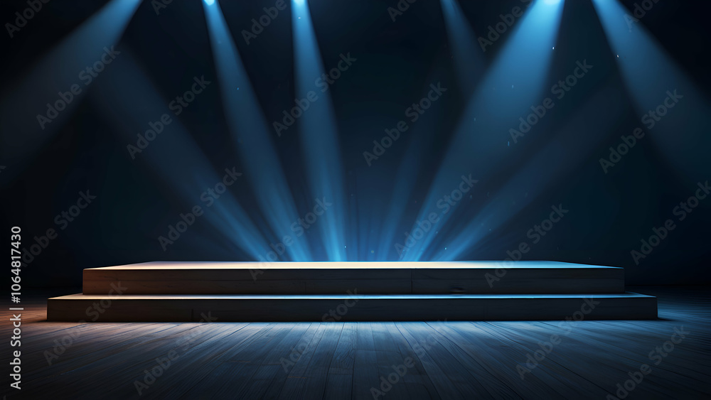 Obraz premium Podium with glowing blue light rays and a radiant background.