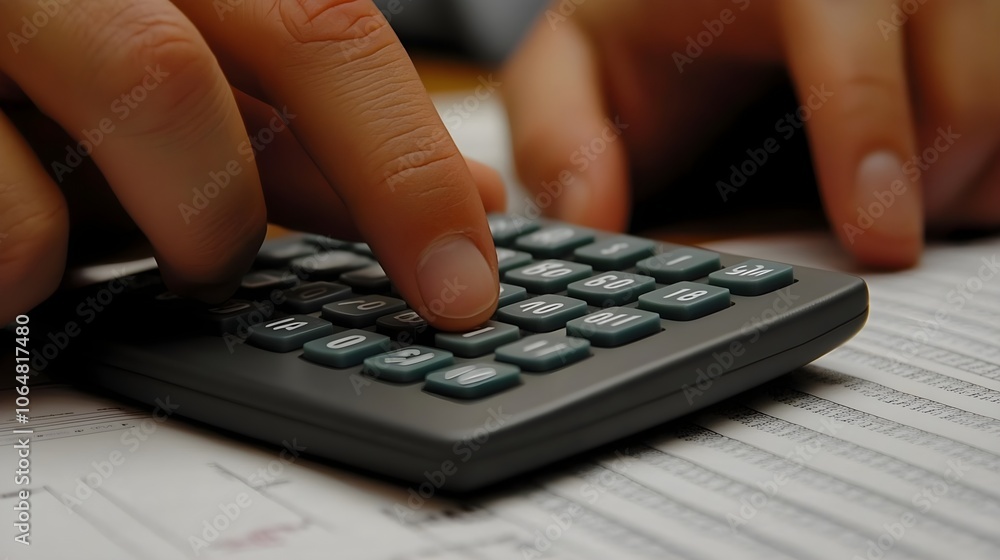 Close-up of hands using a calculator and reviewing spreadsheets, with numbers and data visible, symbolizing financial analysis. Close-up of hands using a calculator and reviewing spreadsheets, with numbers and data visible, symbolizing financial analysis.
