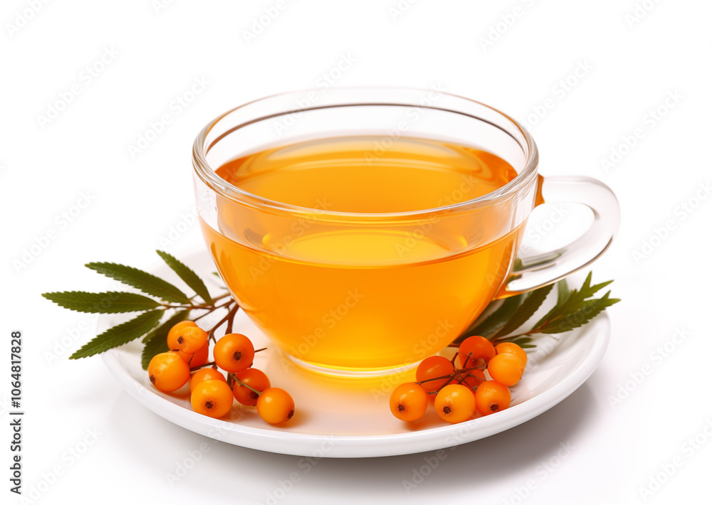 sea buckthorn tea in a cup on a white background. sea buckthorn tea in a cup on a white background.