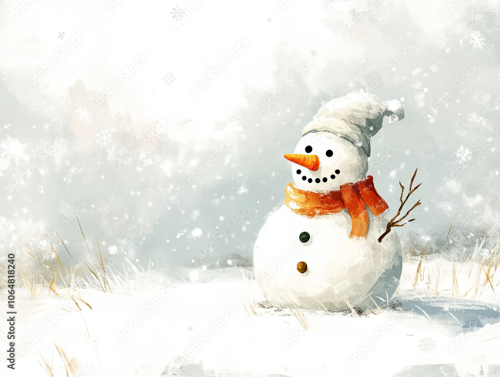 cheerful snowman stands in snowy landscape, adorned with scarf and hat, surrounded by falling snowflakes, evoking joyful winter scene cheerful snowman stands in snowy landscape, adorned with scarf and hat, surrounded by falling snowflakes, evoking joyful winter scene