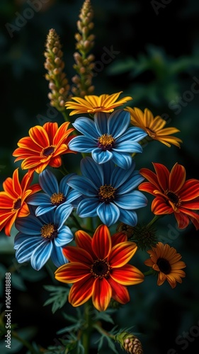 A bouquet of orange, yellow, and blue flowers blooms in the garden