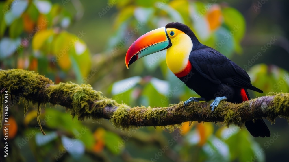 Fototapeta premium Vibrant toucan perched on a branch in a lush, misty cloud forest.