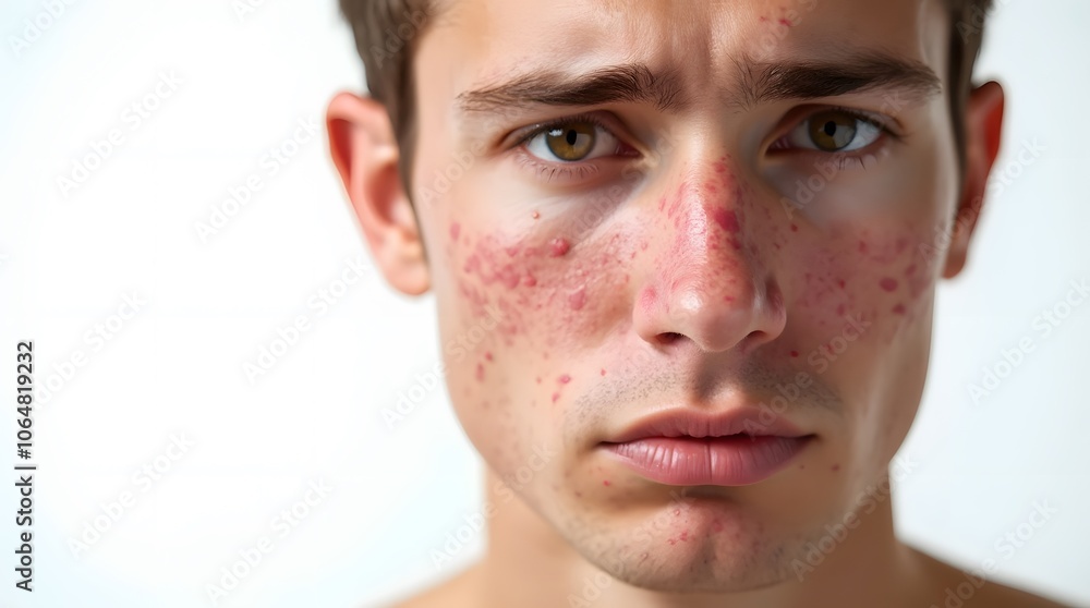 Young Man with Acne on Face Isolated on White Background Young Man with Acne on Face Isolated on White Background