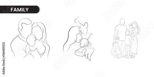 Vector set of cards in one line art style with happy family portret. Parents with new born baby, mother, father and baby, line art illustration.