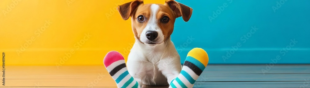 Naklejka premium Dog wearing colorful socks, playful pose, bright background, cheerful and lighthearted