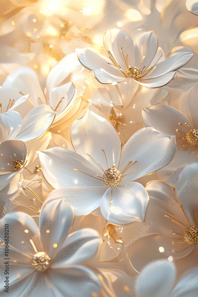 3D flowers in a white and gold color theme, with a shiny golden light in the background. 3D flowers in a white and gold color theme, with a shiny golden light in the background.