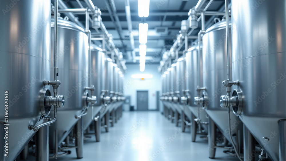 Industrial brewery equipment with stainless steel tanks and walkways. Industrial brewery equipment with stainless steel tanks and walkways.