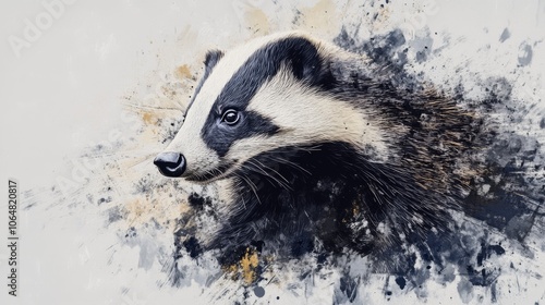 A striking portrait of a wild badger, with its black and white markings, created in a fine art style. The badger is from the United Kingdom. photo