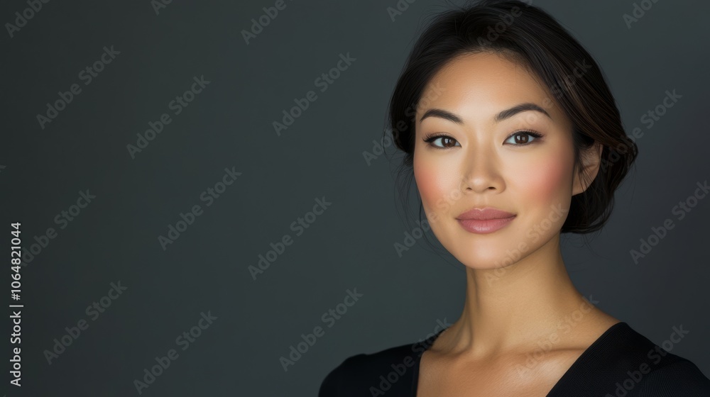 A stunning Asian woman with radiant skin poses in a studio. Perfect for beauty, skincare, or cosmetics ads. This high-quality image can be used for creative and promotional purposes. A stunning Asian woman with radiant skin poses in a studio. Perfect for beauty, skincare, or cosmetics ads. This high-quality image can be used for creative and promotional purposes.
