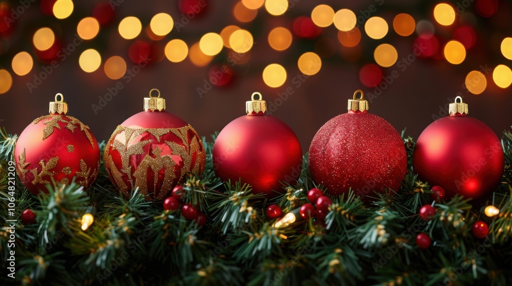 A row of red and gold Christmas baubles on evergreen branches with festive bokeh lights, creating a classic holiday scene.
A row of red and gold Christmas baubles on evergreen branches with festive bokeh lights, creating a classic holiday scene.