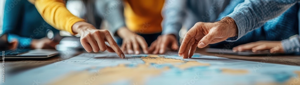 Fototapeta premium Team Collaborating on Project with Map Spread Across Table in Office Setting