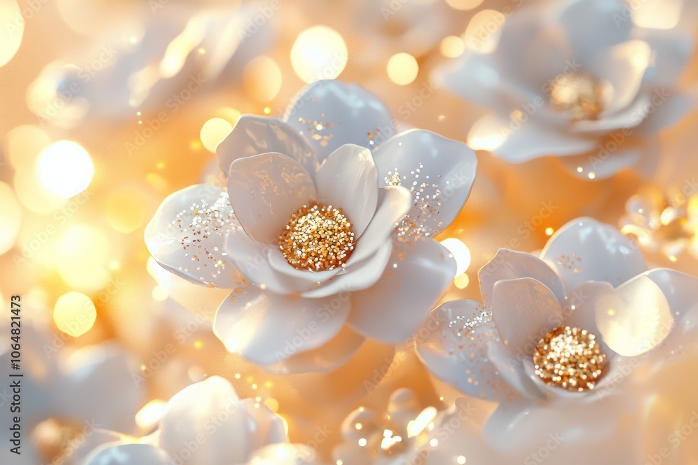 3D flowers in a white and gold color theme, with a shiny golden light in the background. 