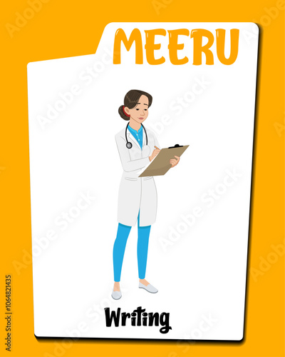 A radiologist cartoon character writing report AKA Meeru. Female radiologist cartoon vector.