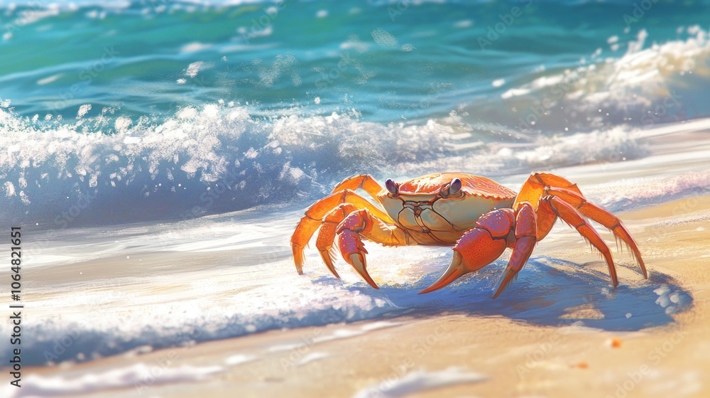 A crab walking along a sandy beach near the ocean waves. A crab walking along a sandy beach near the ocean waves.