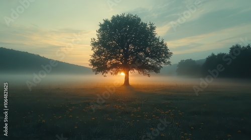 A peaceful sunrise over a rural field with a lone tree and morning mist hanging over the landscape. 
