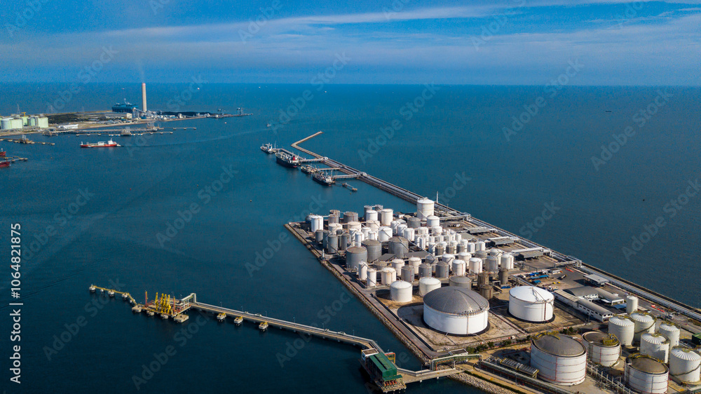 Aerial view oil and gas refinery depot industrial facility storage tank petrochemical, Crude oil and gas refinery depot terminal, Storage tank petroleum petrochemical oil and gas refinery oil and gas.