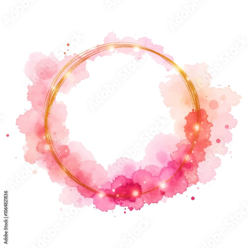 A circular frame with a golden border, adorned with soft pink watercolor splashes and sparkling lights. Perfect for adding a touch of elegance and femininity to your designs.