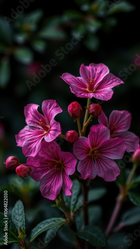 Pink flowers bloom in the shade of a garden