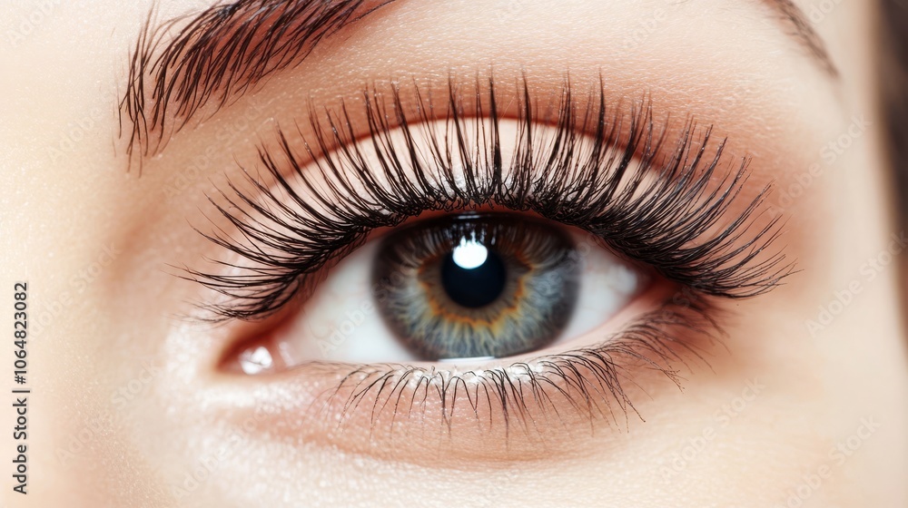 Obraz premium A woman is getting eyelash extensions applied with a comb. The long, black lashes make her eyes look beautiful.