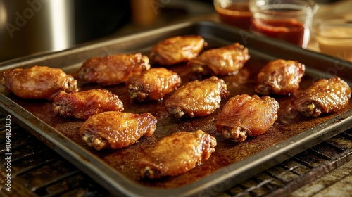 A rustic kitchen scene showcasing golden-brown chicken