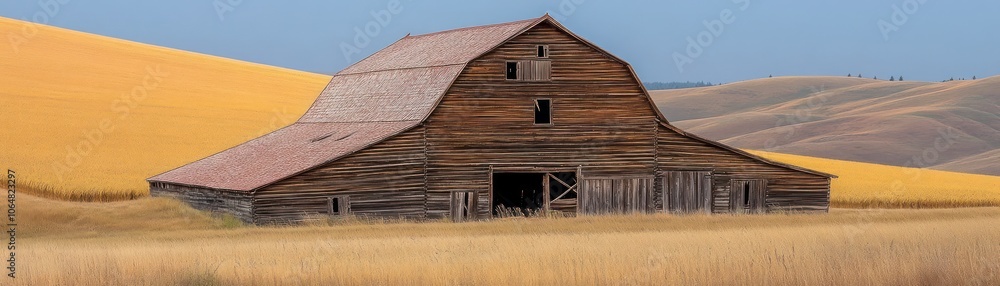 Obraz premium A rustic barn stands amidst golden fields under a clear sky, showcasing rural tranquility.