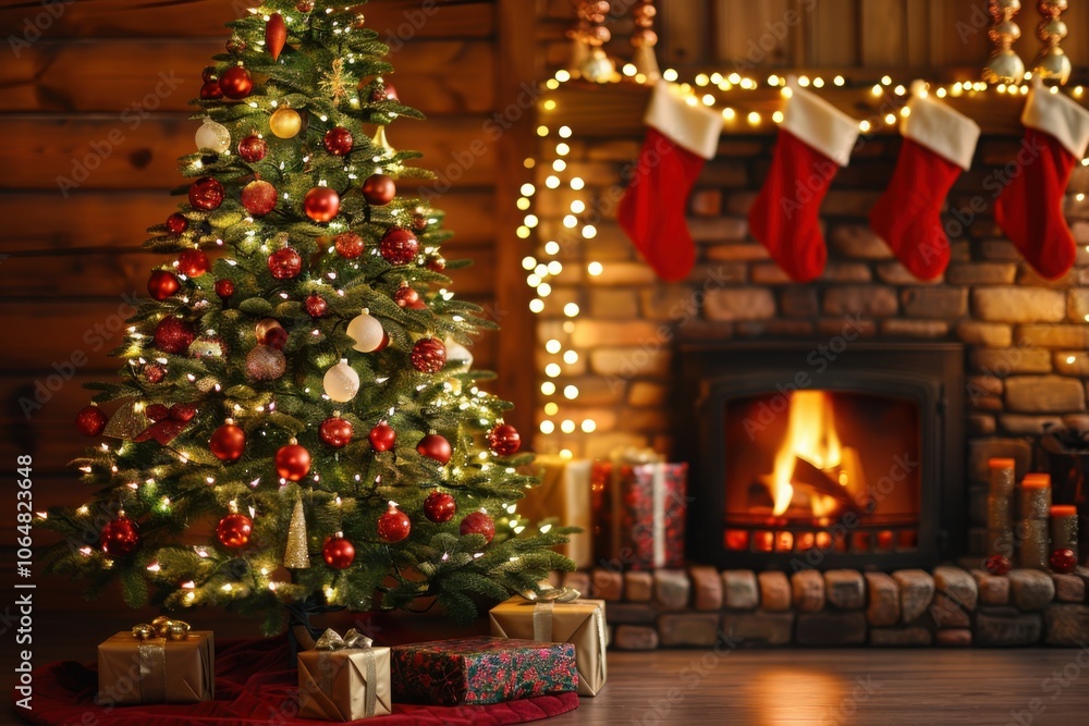Classic Christmas tree with red and white ornaments, stockings, and glowing lights by a cozy fireplace for a traditional holiday setting
Classic Christmas tree with red and white ornaments, stockings, and glowing lights by a cozy fireplace for a traditional holiday setting