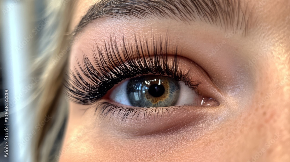 Obraz premium A woman's eye is shown with long eyelashes, highlighting the effect of eyelash extensions. The photo focuses on the eyelashes.