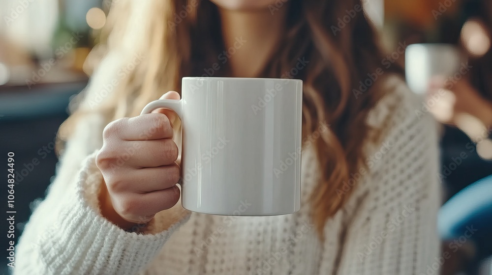 A woman holding a white mug mock-up in a cozy setting A woman holding a white mug mock-up in a cozy setting