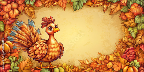 Thanksgiving Floral Frame with Cute Cartoon Chicken and Animals,Generated By Ai photo