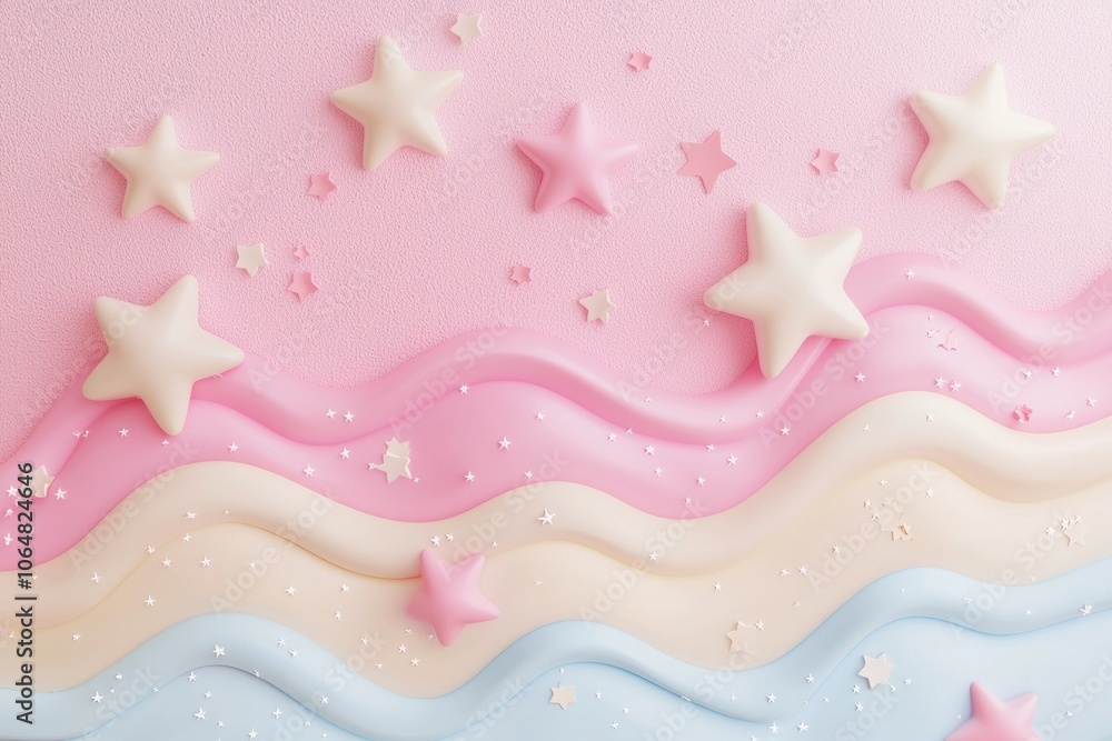 3D render of a cute pastel background with stars and waves. 3D render of a cute pastel background with stars and waves.