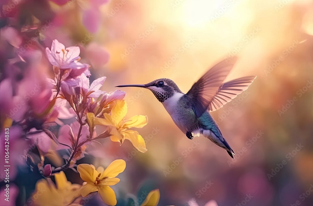 A hummingbird hovering near yellow and pink flowers A hummingbird hovering near yellow and pink flowers