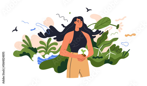 Eco-friendly concept, sustainability, ecology and nature. Conscious person, green environment with plants, water, renewable energy. Ecological flat vector illustration isolated on white background